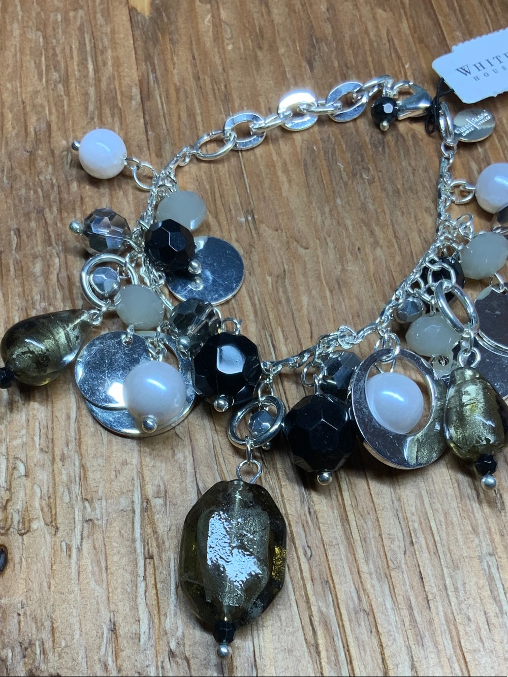 White House Black Market Silver and Black Beaded Charm Bracelet